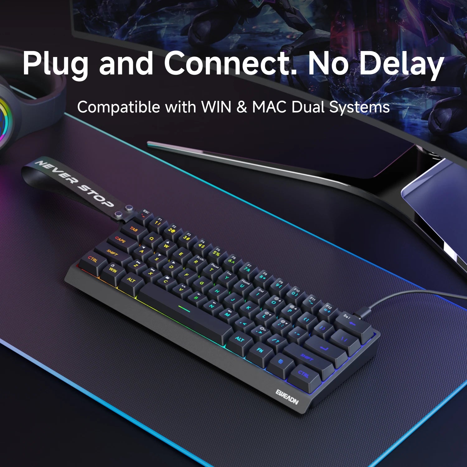 EWEADN Mini Keyboard 61-Key Layout Gaming, Wired Type-C, Silent RGB Backlit Aesthetic Design, Lightweight, White and Black