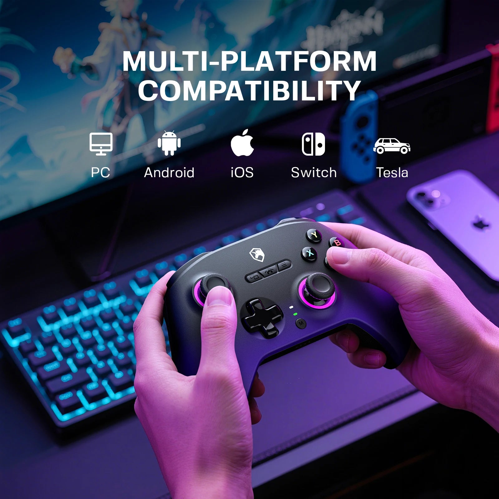ECHTpower Wireless game controller Hall effect joystick suitable for PC, Switch, Android, IOS with base controller