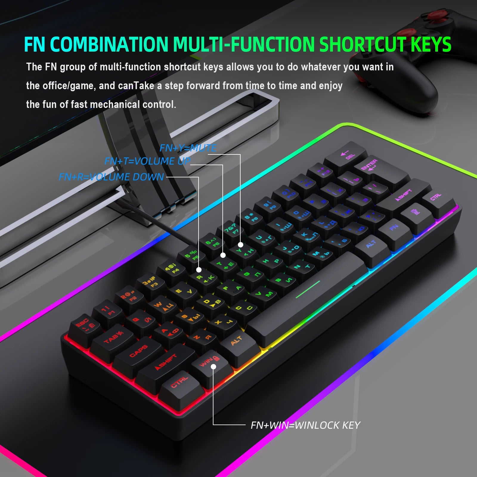 Gaming Keyboard,Russian/English RGB Backlit 61 Key Ultra-Compact Keyboard, Waterproof Mechanical Feeling Office aming Keyboards