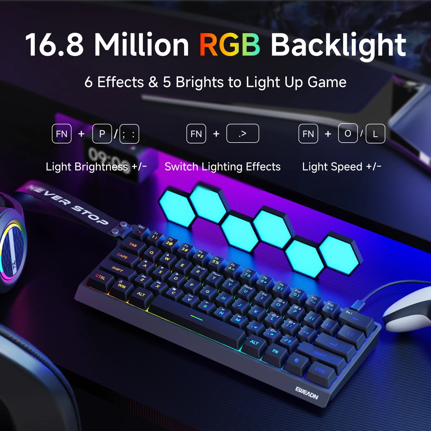 EWEADN Mini Keyboard 61-Key Layout Gaming, Wired Type-C, Silent RGB Backlit Aesthetic Design, Lightweight, White and Black