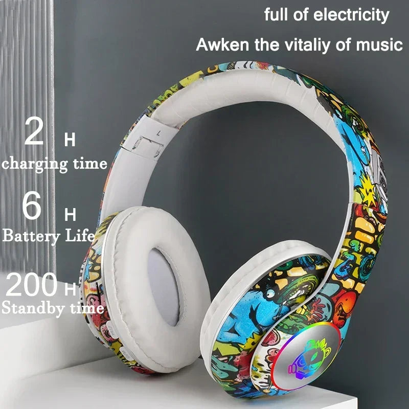 Graffiti Wireless Headphones  LED Light Bluetooth Headsets Game Doodle Earphones Mic For Kids Boy Girl Gifts Support TF Card