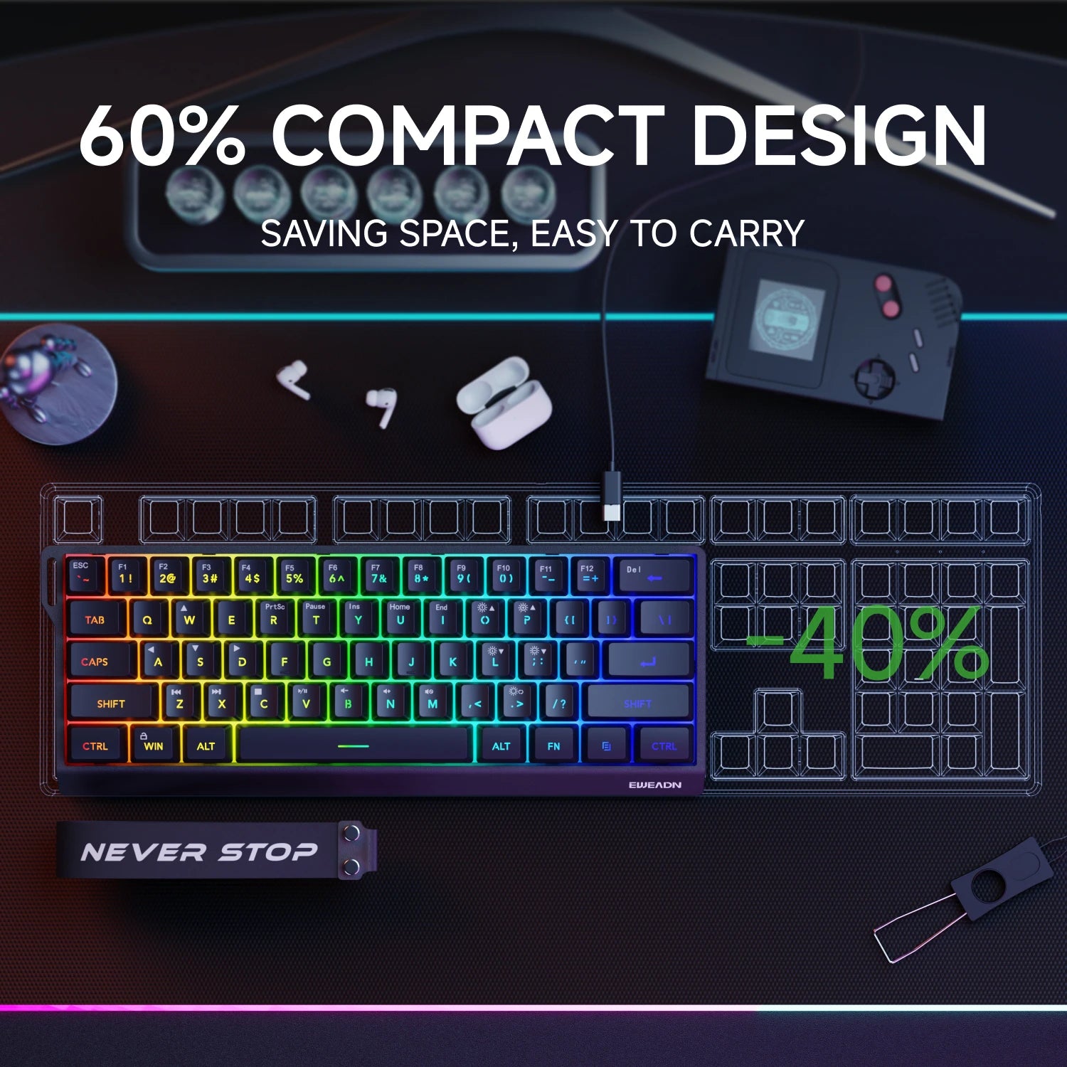 EWEADN Mini Keyboard 61-Key Layout Gaming, Wired Type-C, Silent RGB Backlit Aesthetic Design, Lightweight, White and Black