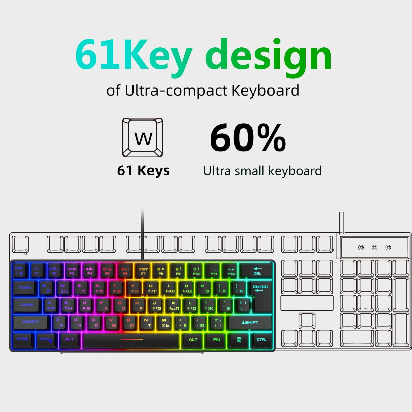Gaming Keyboard,Russian/English RGB Backlit 61 Key Ultra-Compact Keyboard, Waterproof Mechanical Feeling Office aming Keyboards