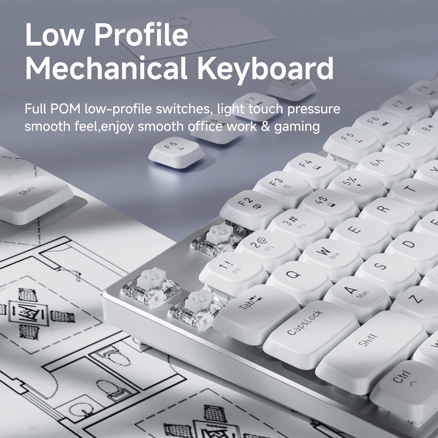 EWEADN Wireless Low-Profile Mechanical Gaming Keyboard, Slim Ergonomic Aluminum Top Design with Fast Switches for eSports, Offic