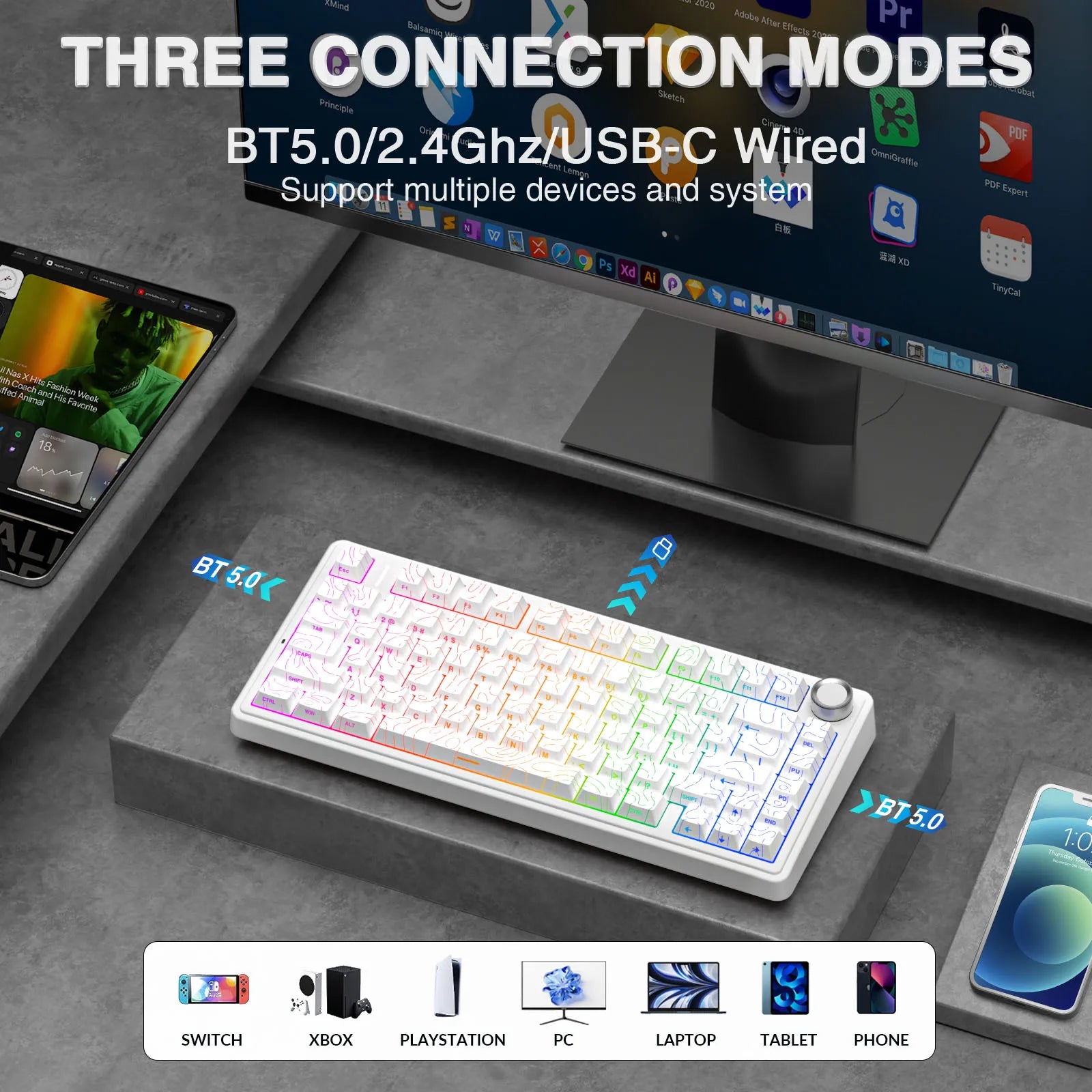 AULA F75 Pro Gasket Mounted Wireless Gaming Mechanical Keyboard RGB Customized 75% Layout Side-engraving PBT Keycaps